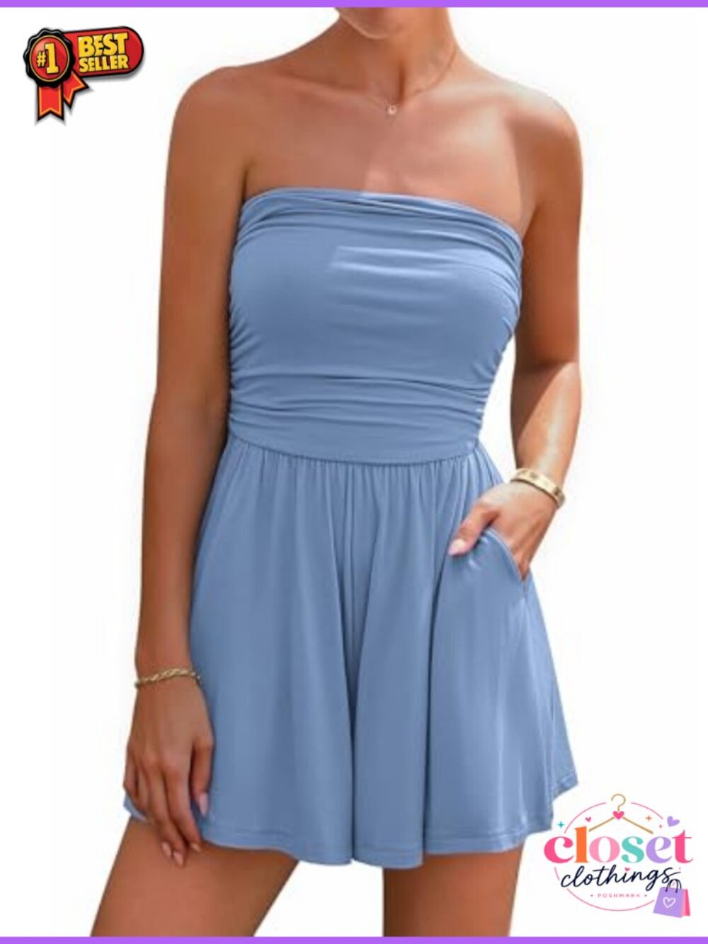 BTFBM Strapless Boho Romper Women's Summer Shorts Jumpsuit with Pockets